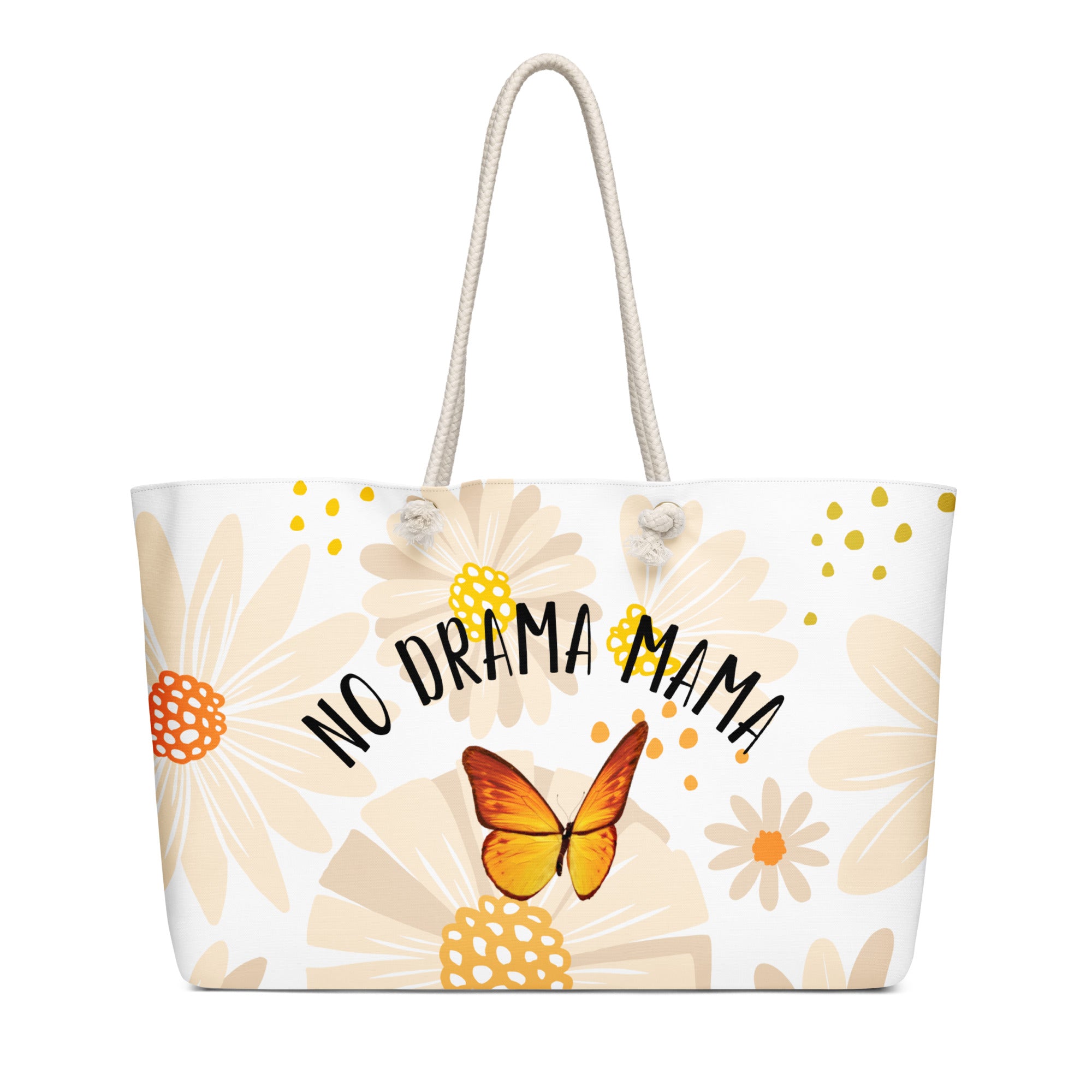Tote bag with floral design and 'No Drama Mama' text on a white background