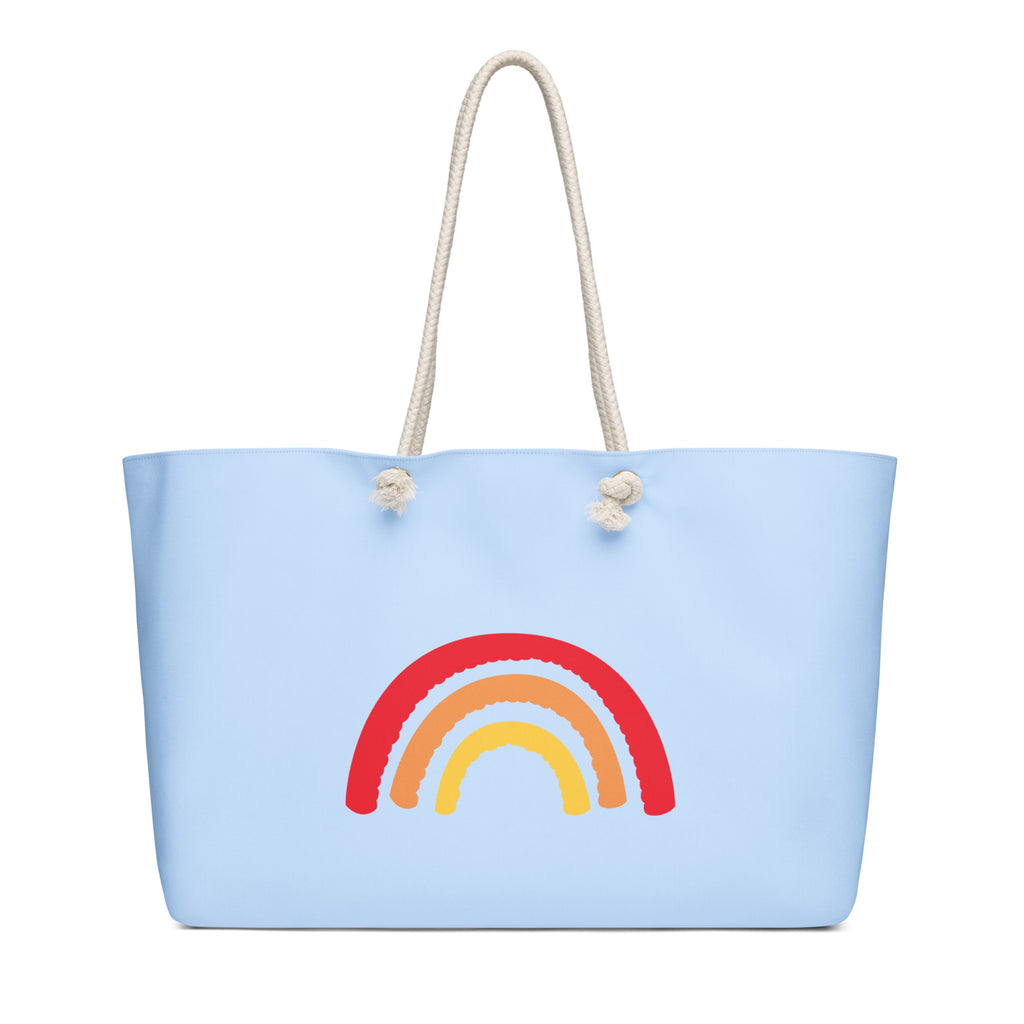 blue weekend bag with rainbow design