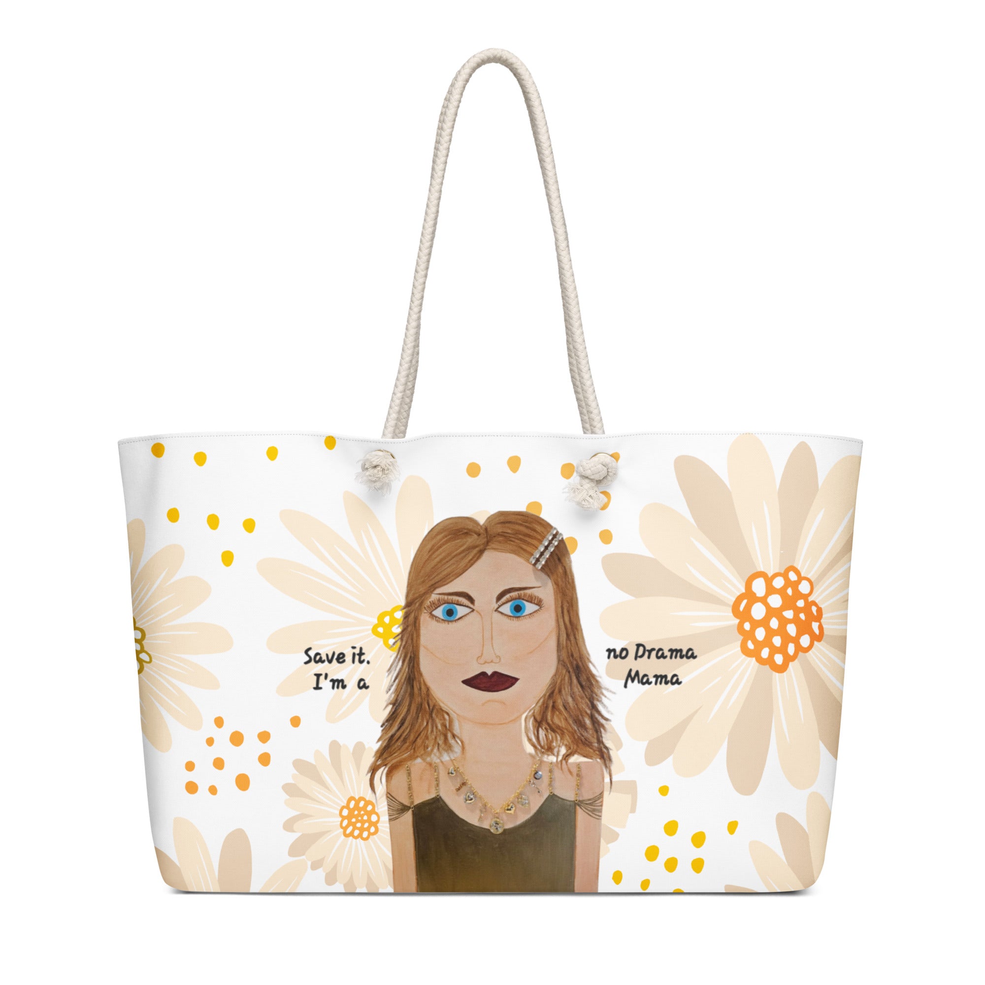 Tote bag with a woman's portrait and floral design on a white background
