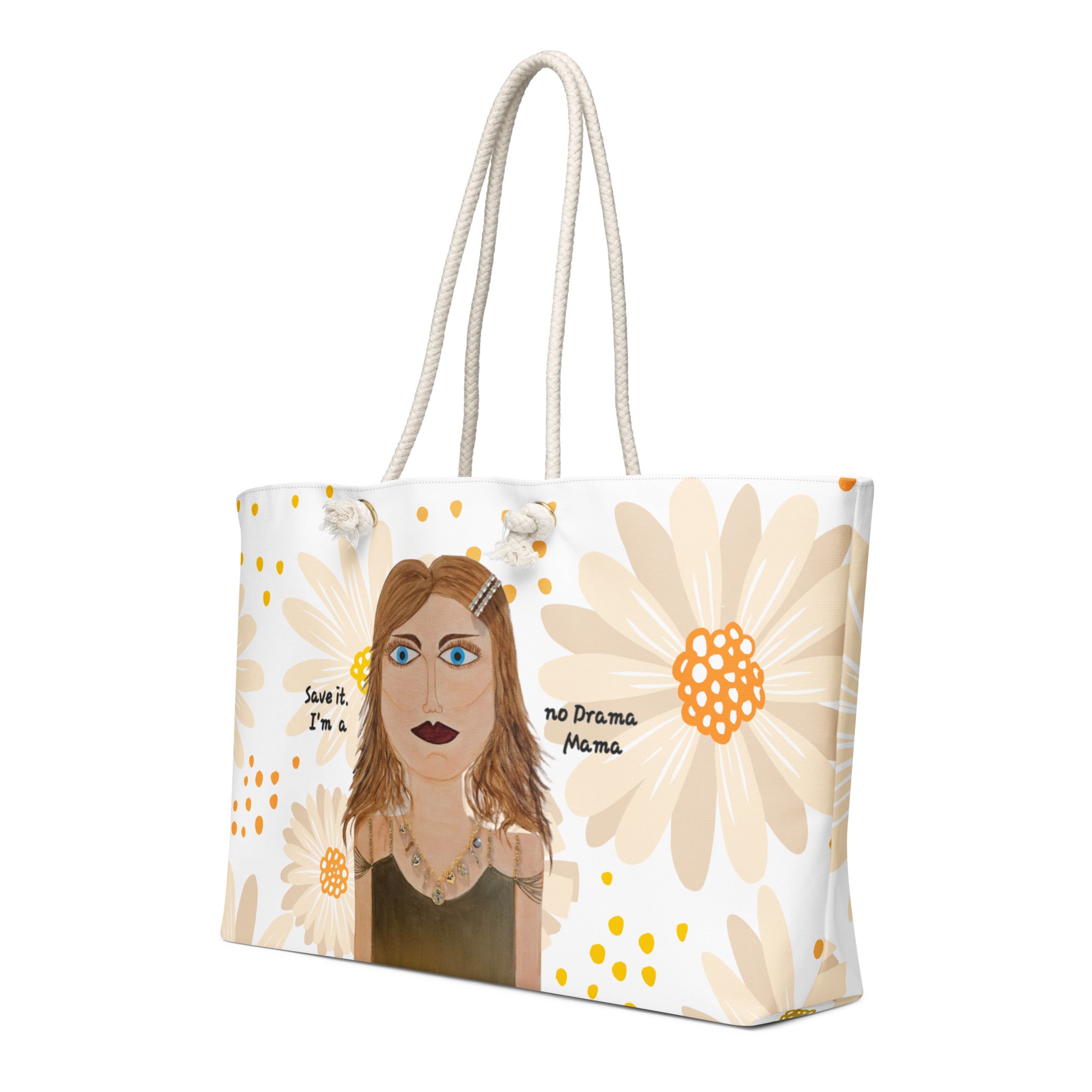 Tote bag with a graphic of a woman and flowers on a white background