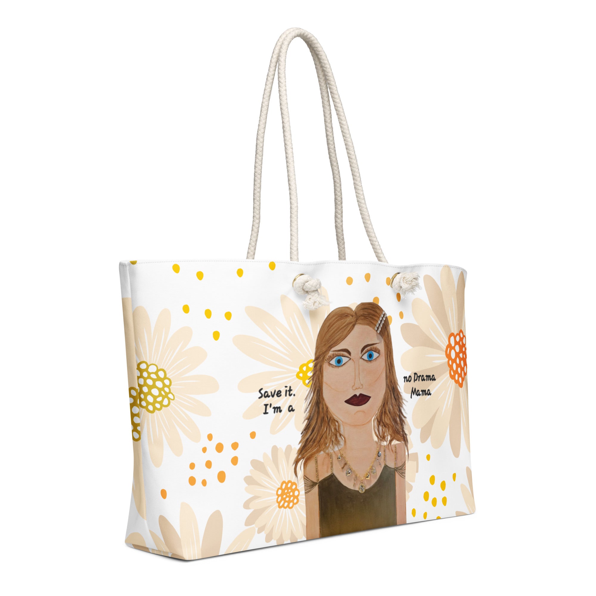 Tote bag with floral design and portrait of a woman on a white background