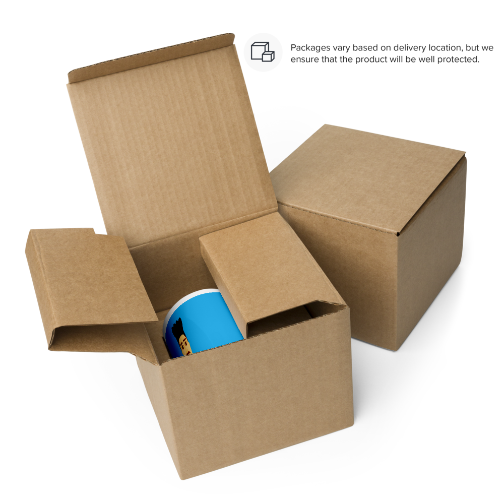 Open cardboard box with a blue product inside on a white background