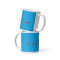 Two blue mugs with white handles and text on a white background