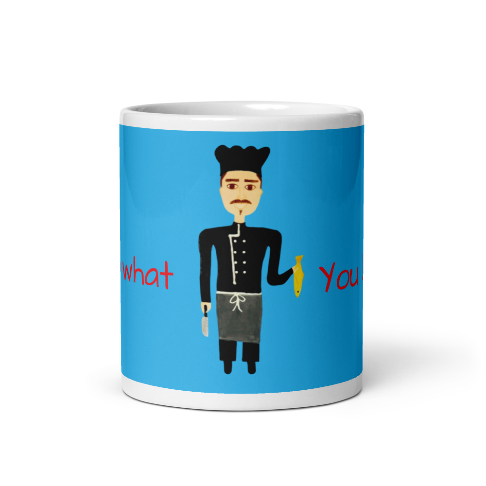 Mug with a cartoon character and text on a blue background