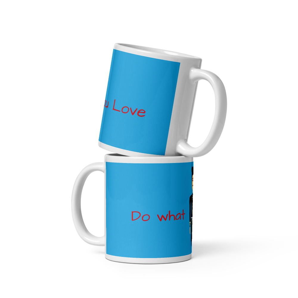 Two blue mugs with white handles and text on a white background