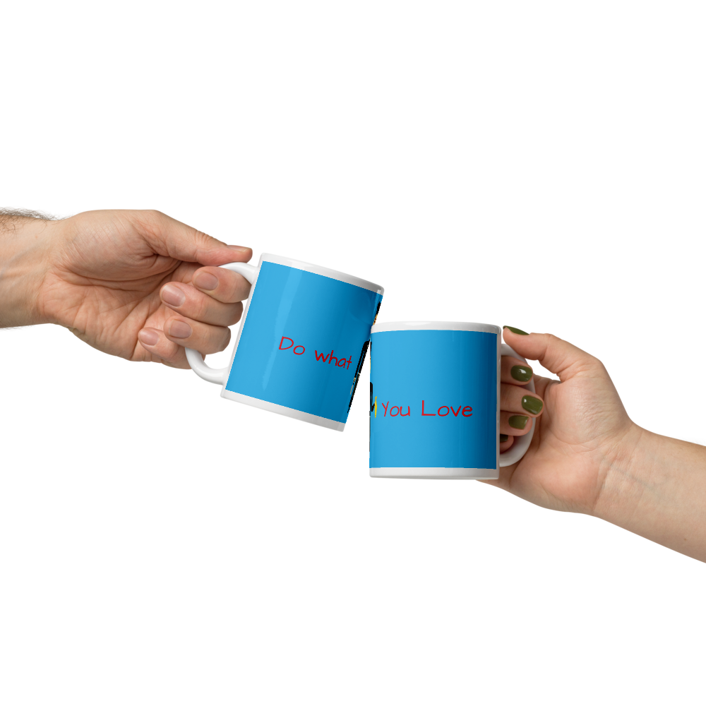 Two hands holding blue mugs with motivational phrases on a white background