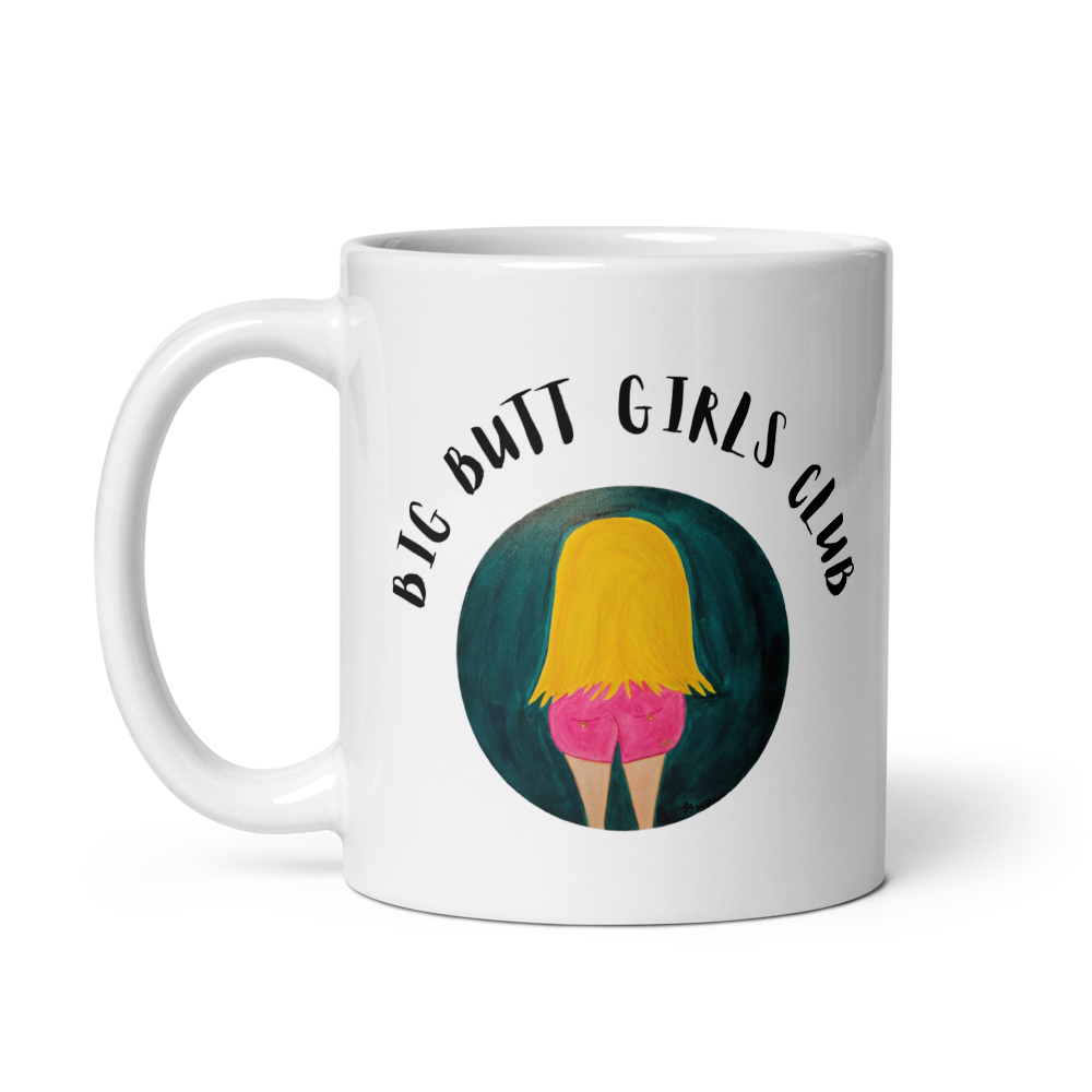 White mug with 'Big Butt Girls Club' design featuring a silhouette of a woman in pink shorts on a white background