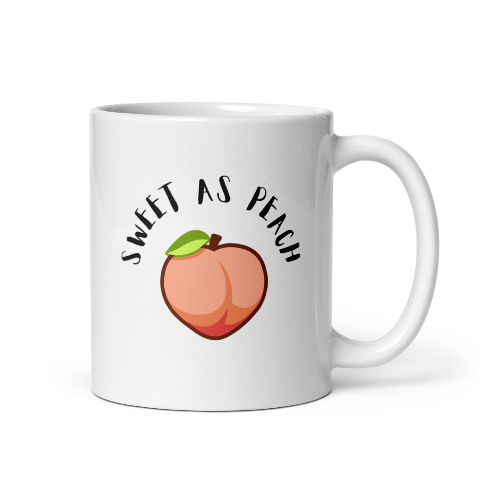 White mug with 'Sweet as Peach' text and peach illustration on a white background