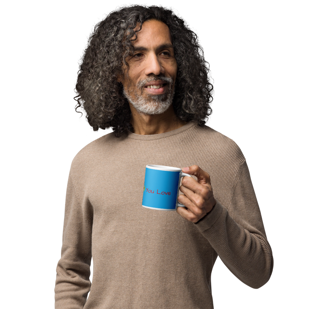 Man holding a blue mug with text on a white background