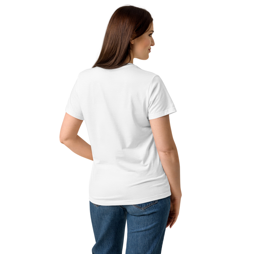 a woman displaying the back side of a white novelty t-shirt with a catchy phrase
