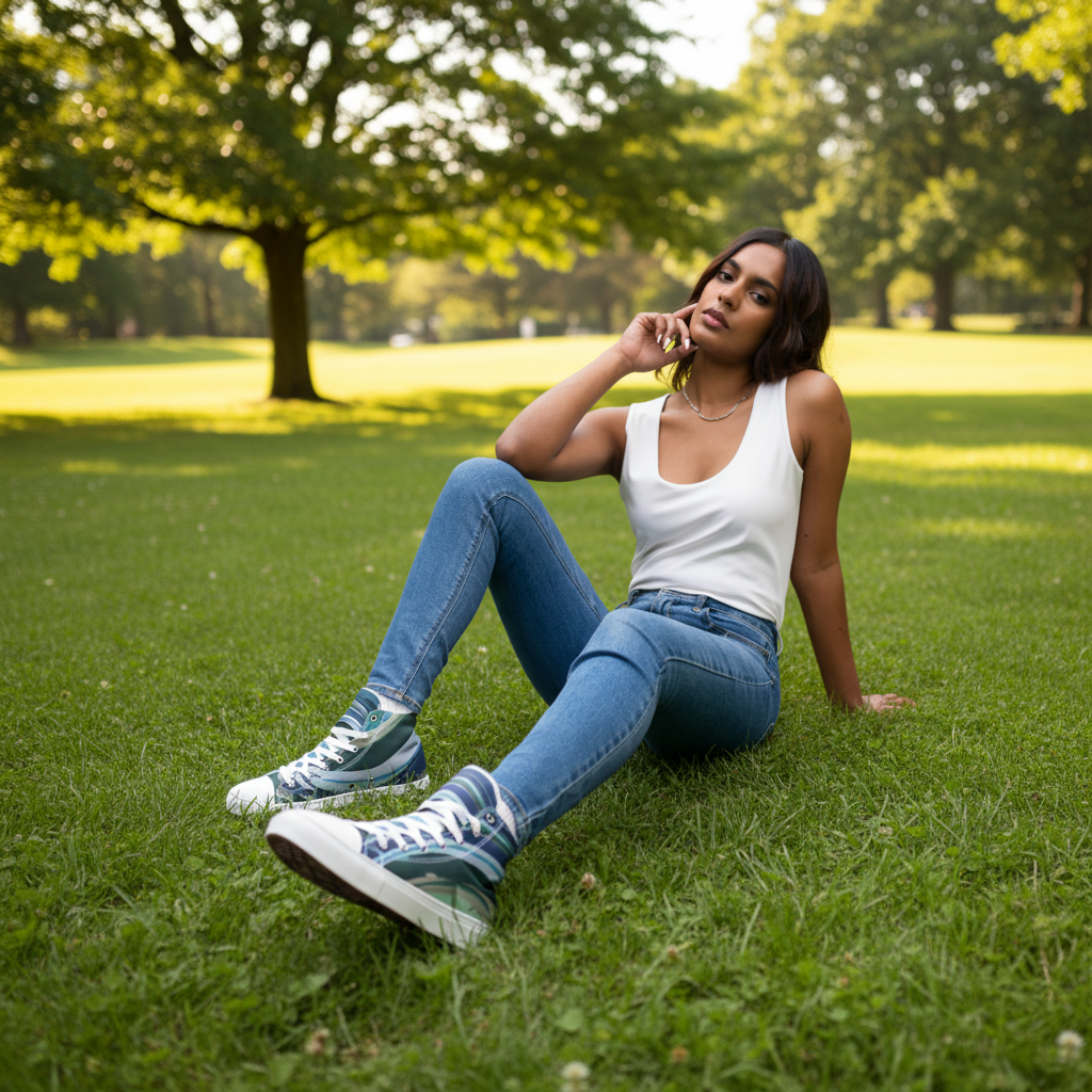Woman sitting on a gray surface wearing blue jeans and white sneakers with green accents.