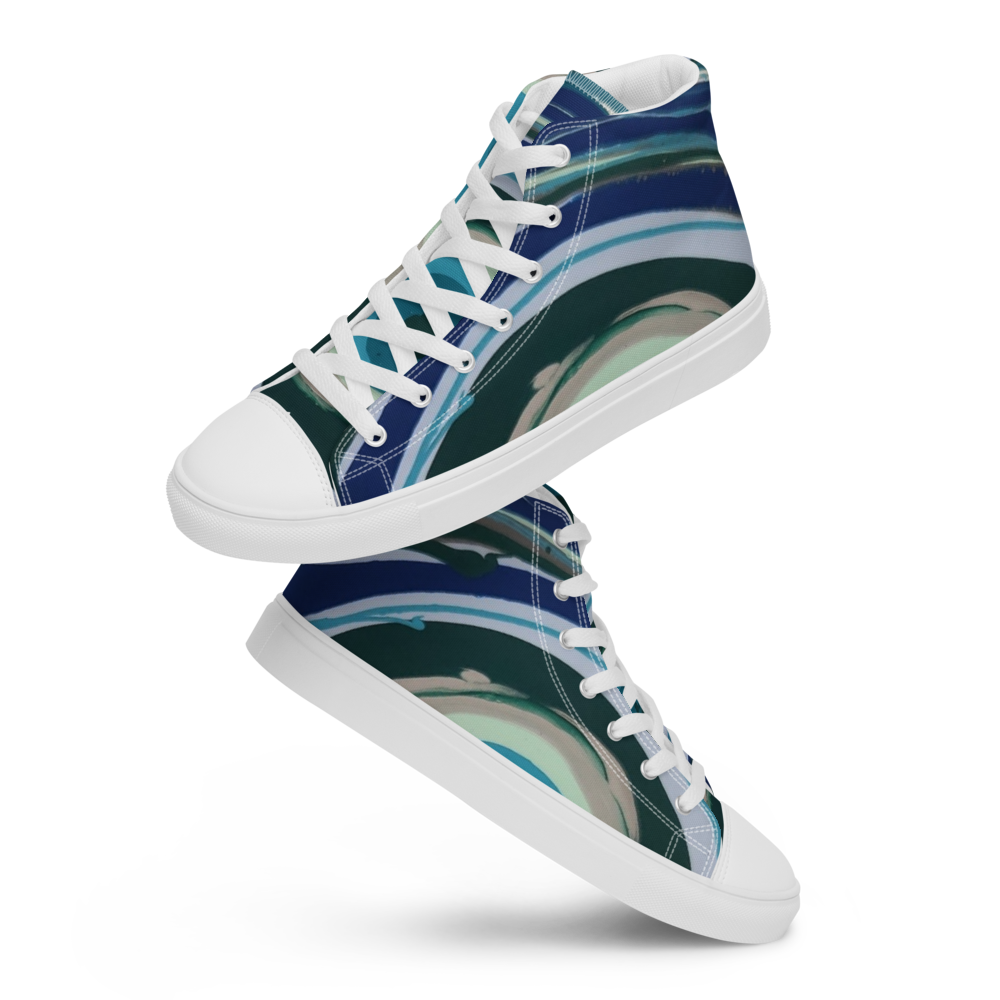 Pair of high-top sneakers with a colorful abstract pattern on a white background