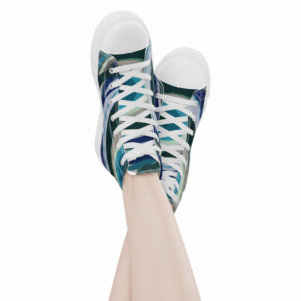 Colorful sneakers with a pattern worn by a person on a white background