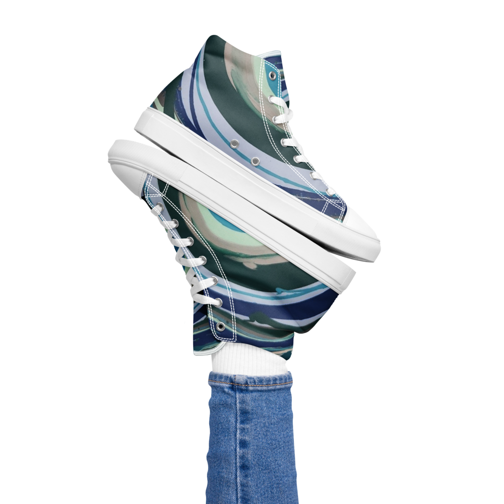 Colorful high-top sneakers with a white sole on a white background