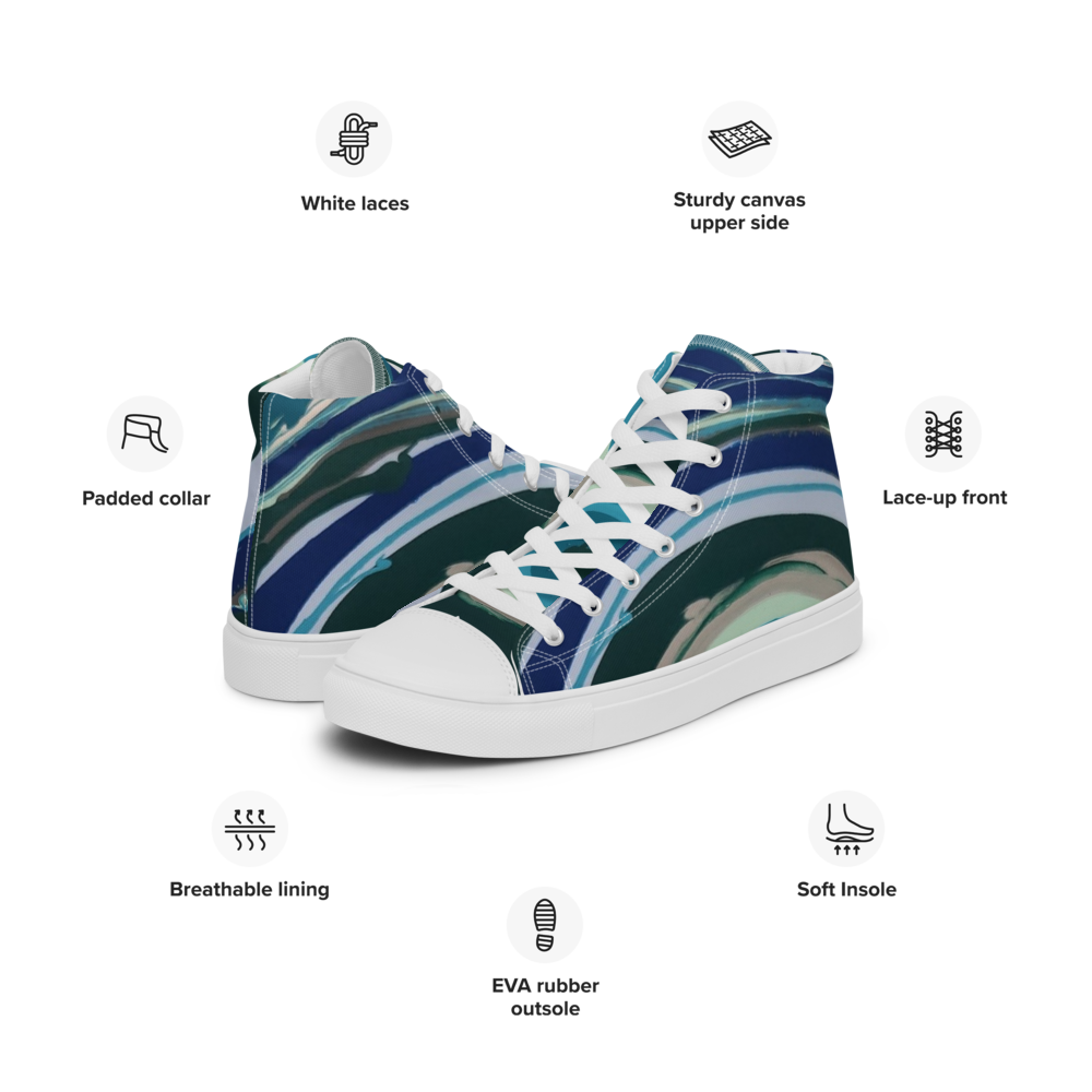 Colorful high-top sneakers with icons around them on a white background