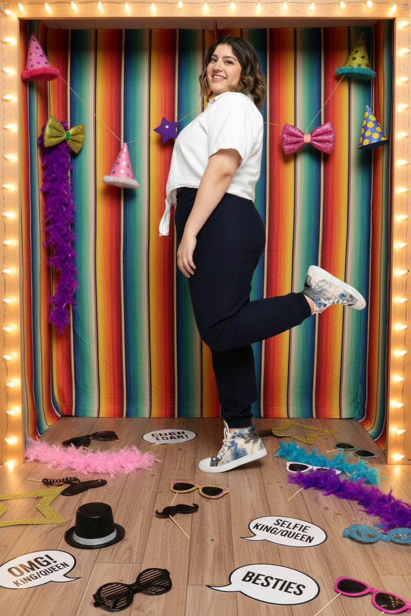 Woman wearing a white shirt, navy pants, and colorful sneakers in a PhotoBooth