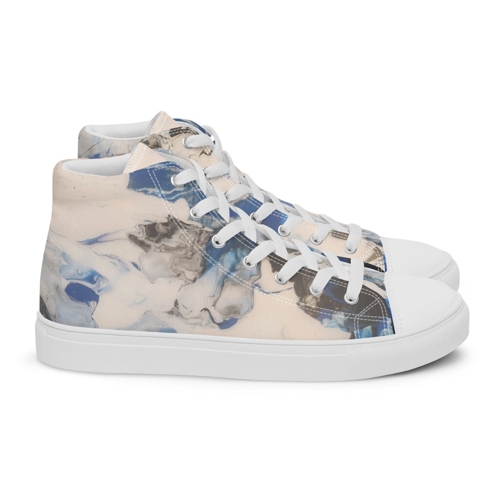 High-top sneakers with a blue and beige abstract pattern on a white background