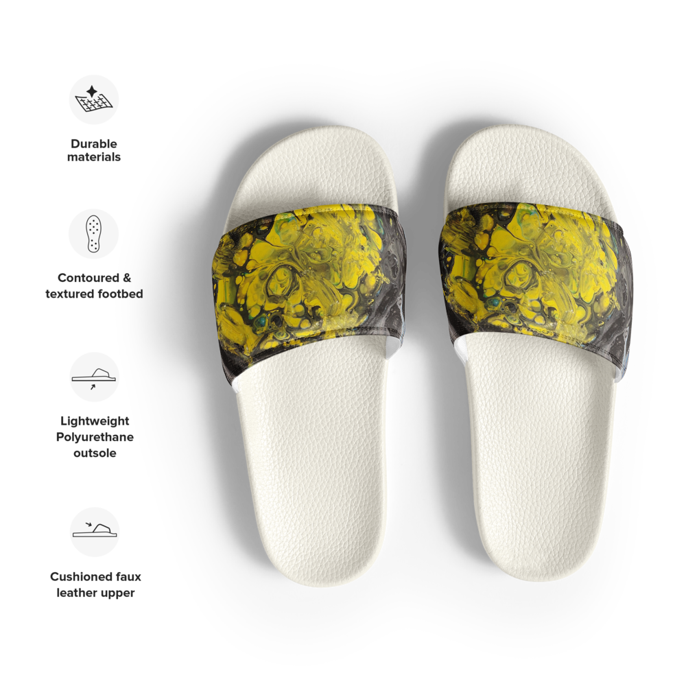 White slides with yellow and black patterned straps on a white background