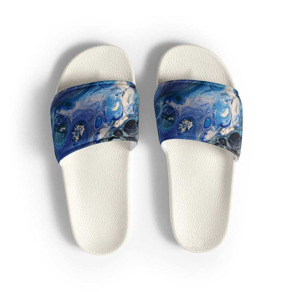 women's blue slide sandals on a white background
