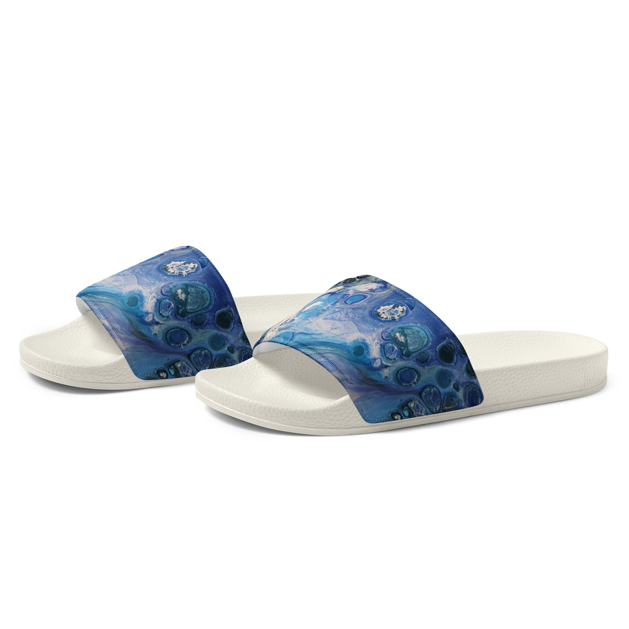 women's blue slide sandals on a white background