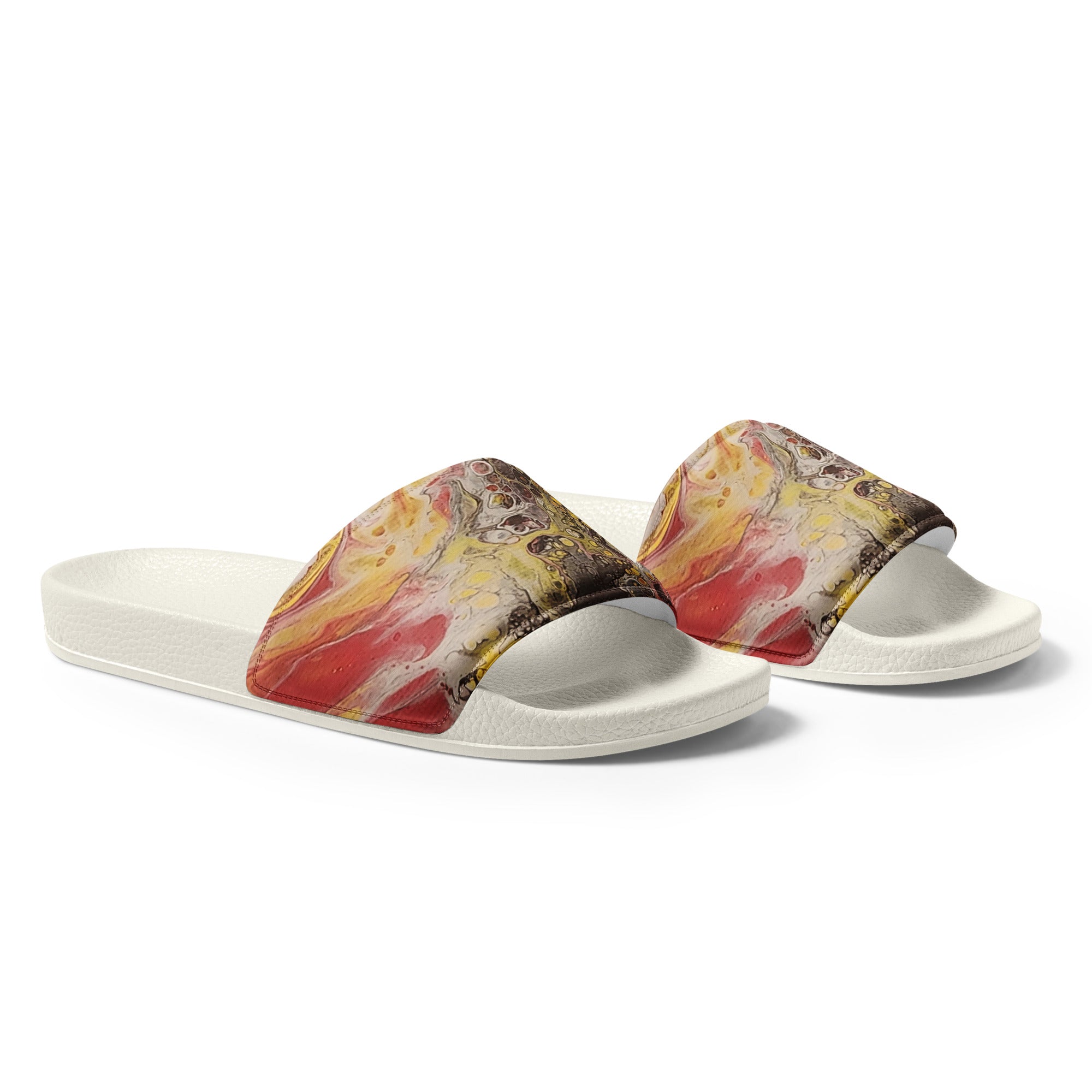 Pair of slides with colorful marble design on a white background