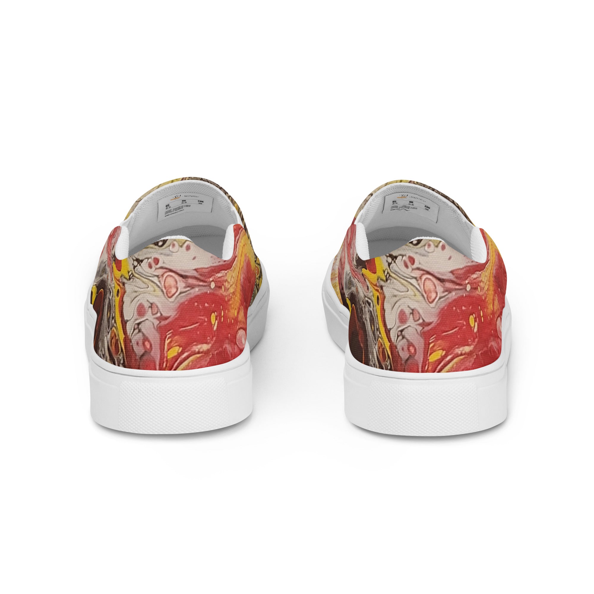 Pair of sneakers with a colorful abstract design on a white background