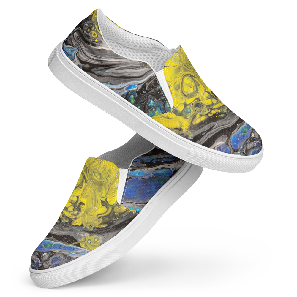 Colorful marbled design on white sneakers with a white background
