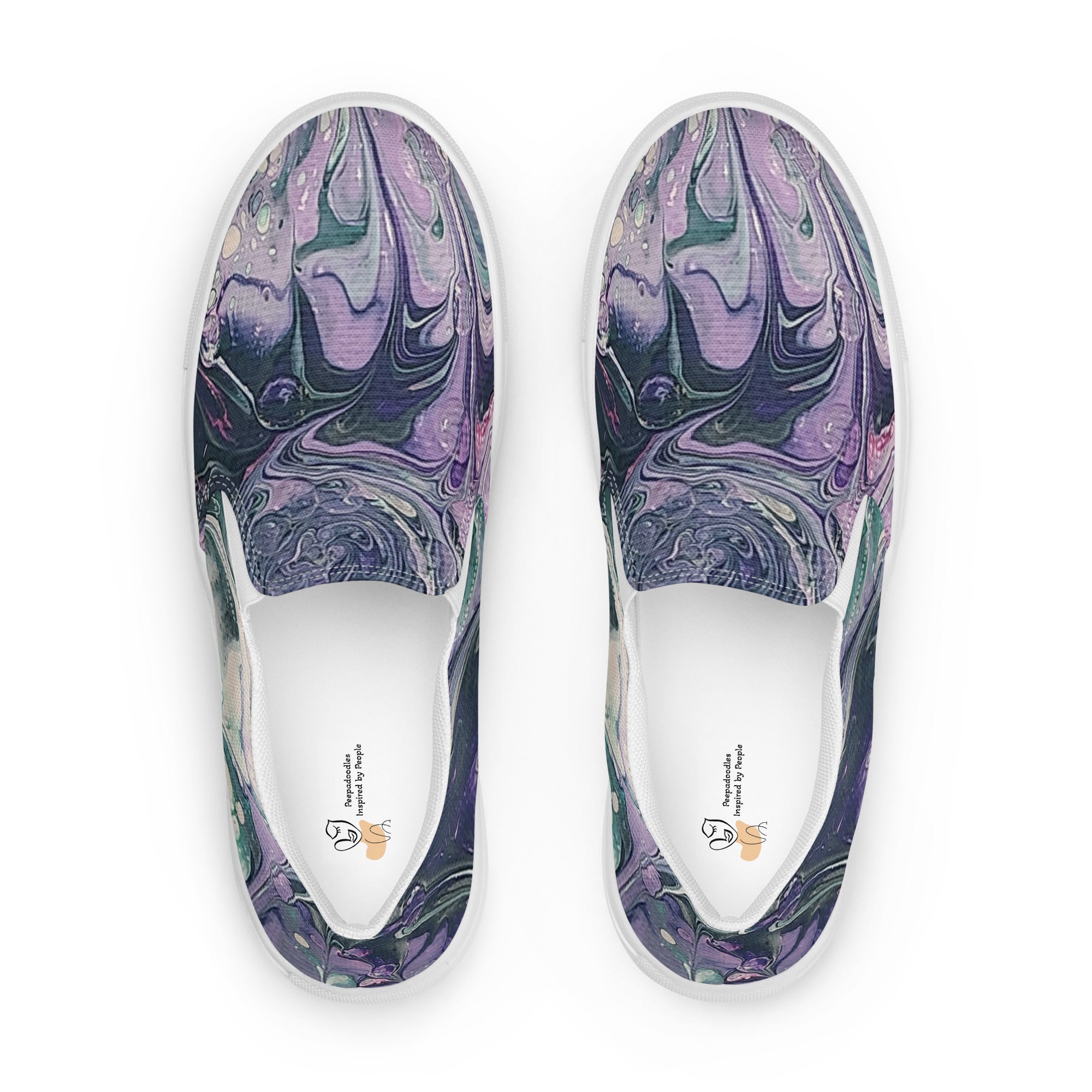 Pair of slip-on shoes with marbled purple and green design on a white background