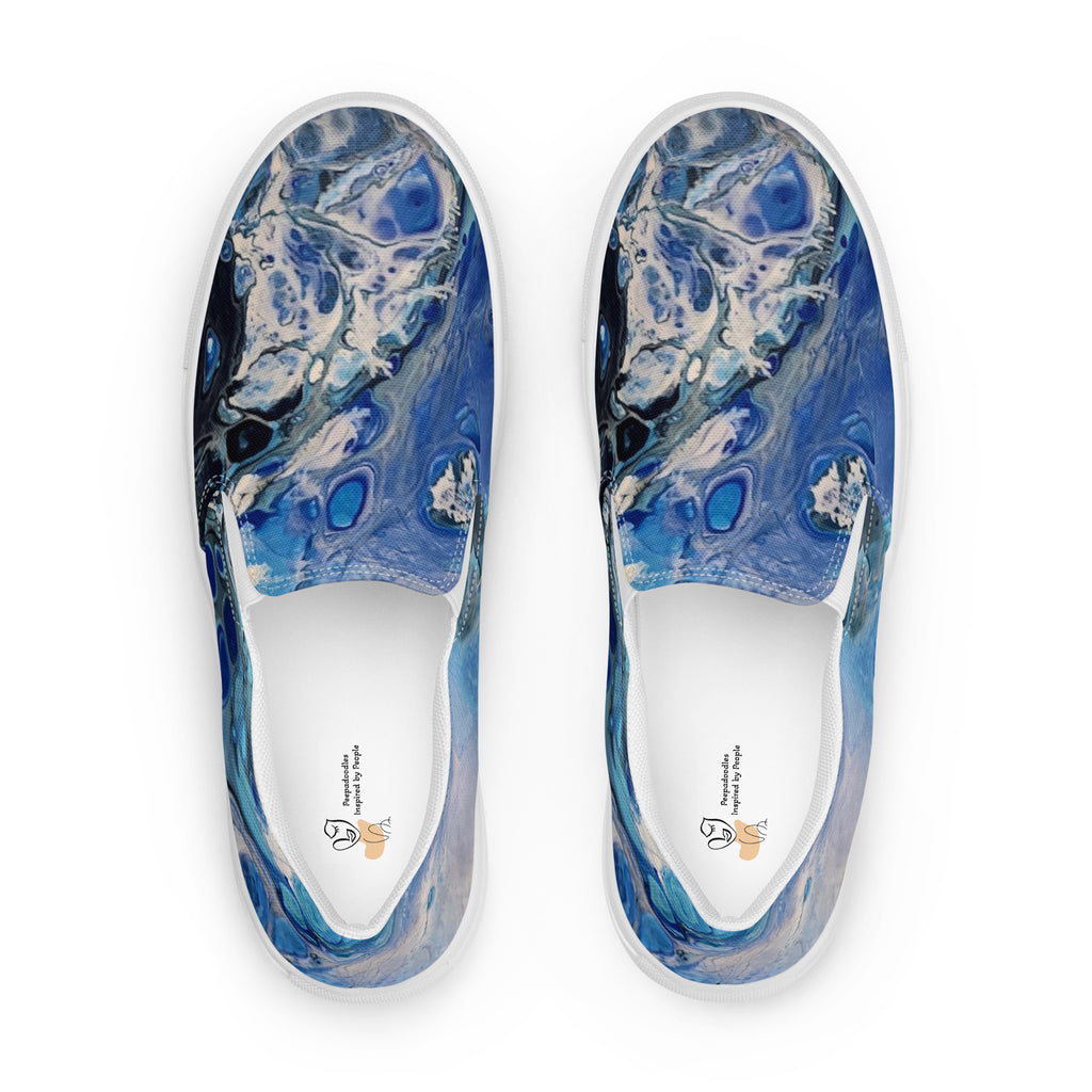 Blue abstract-patterned sneakers on a white background