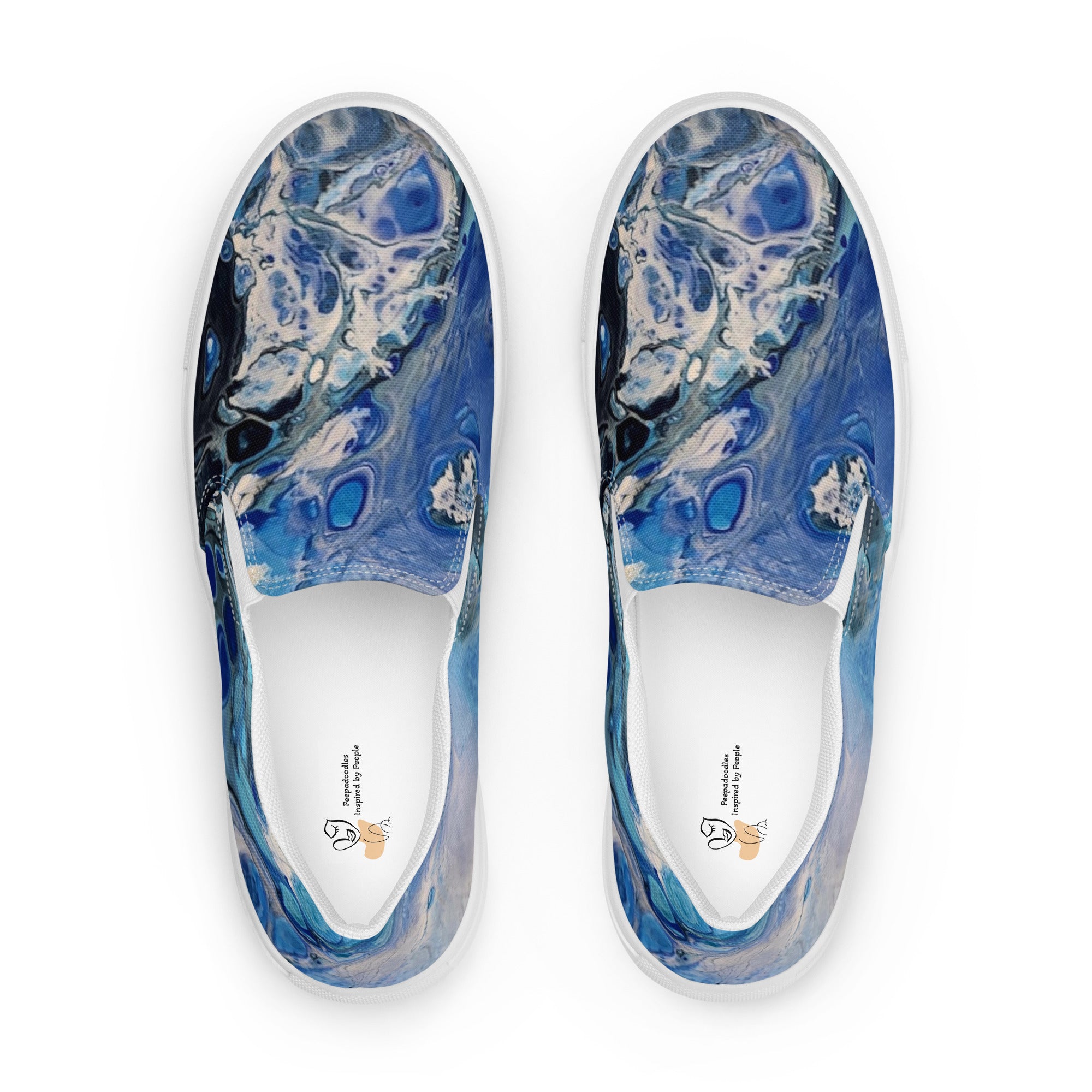 Blue abstract-patterned sneakers on a white background