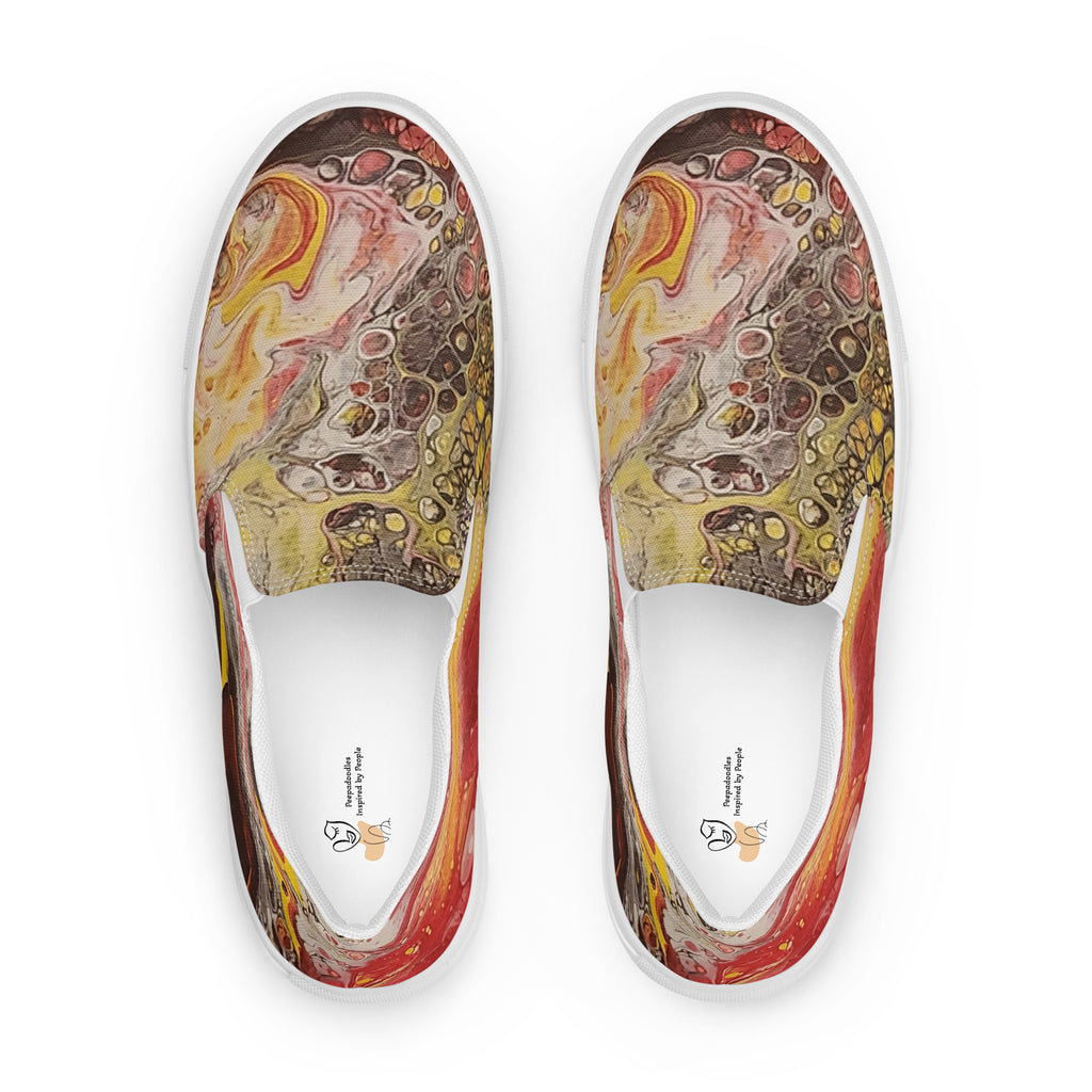 Colorful slip-on shoes with abstract design on a white background