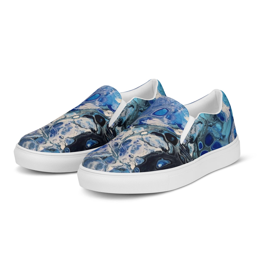 Blue abstract-patterned sneakers on a white background