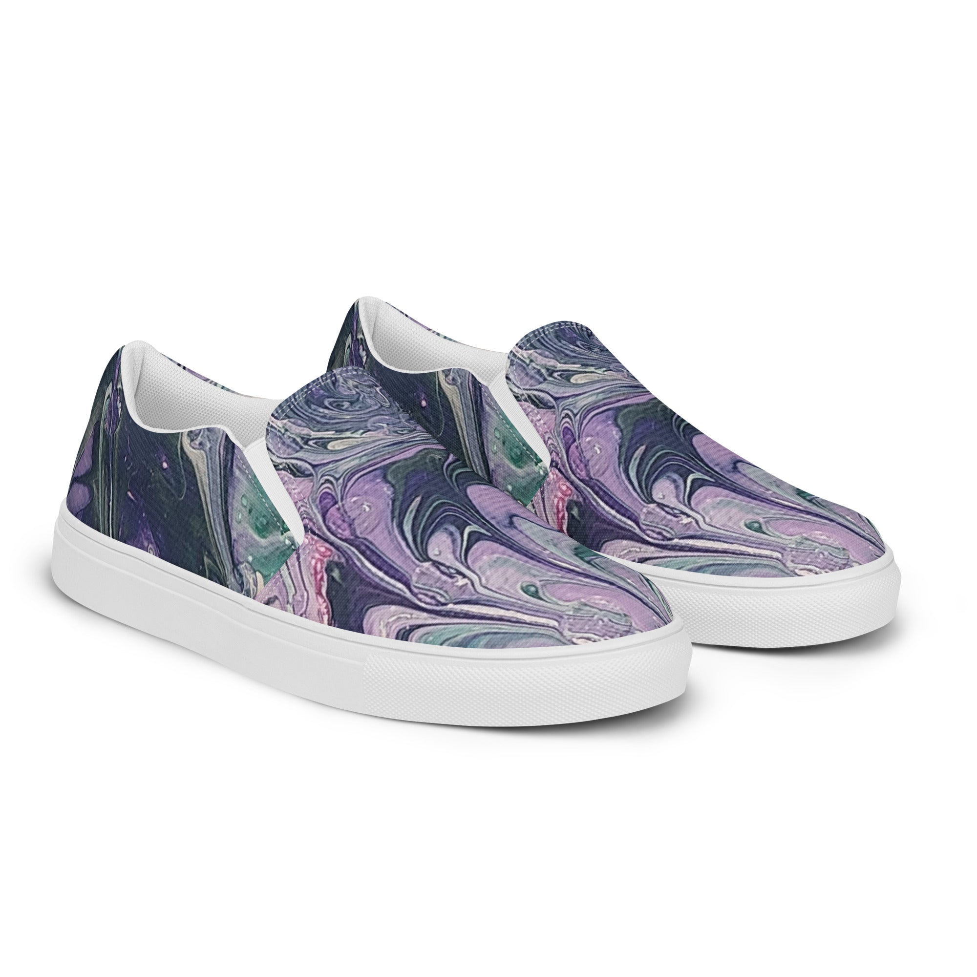 Marbled purple and green sneakers on a white background